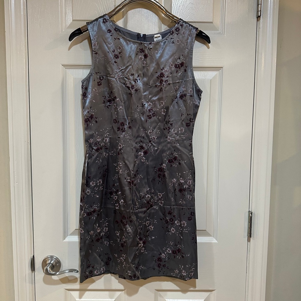 Vintage 90s Floral Mini Dress Grey Shimmer Sleeveless Size 9/10 Made in USA
